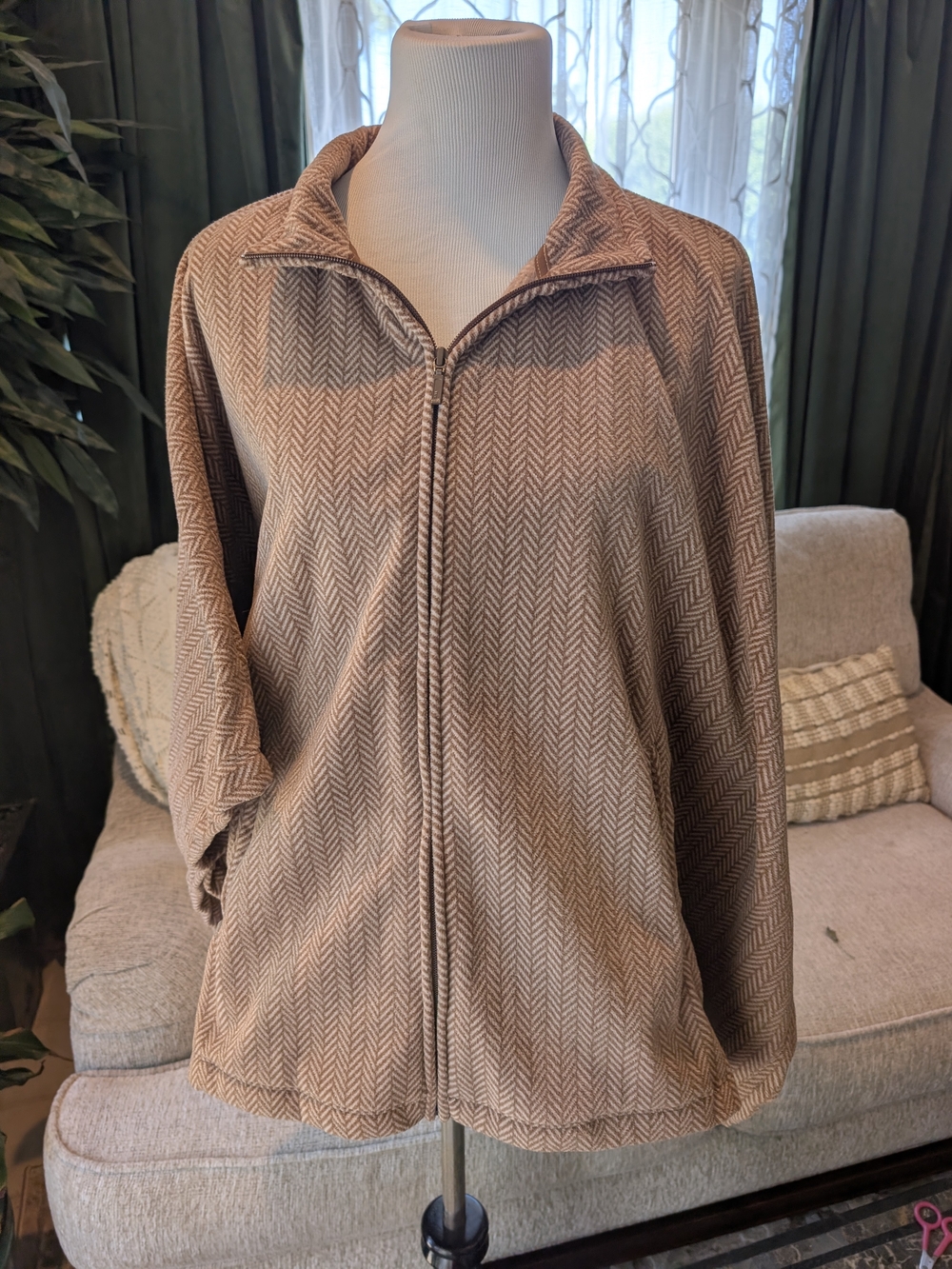 L.L. Bean Taupe Herringbone Zip-Front Cardigan Jacket